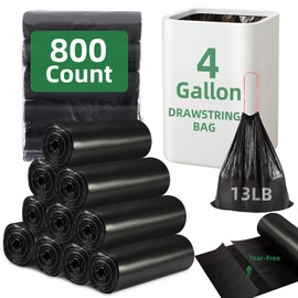 800 Counts 4 Gallon Trash Bag Drawstring Small Trash Bags, Thick Pre-separated Garbage Bags, Trash Bin Liners, Suitable for bathroom, kitchen, bedroom, office (Black)