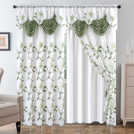 Petrichor Embroidered Sheer Curtain 2 Panels Set - Luxury Window Curtain Attached Valance with Satin Backing and 2 Tie Backs for Living Room,Dining Room, 54x95 inches, Sage Green