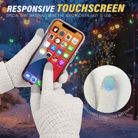 Viiotu 2 Pairs Touchscreen Winter Gloves, Thermal Knitted Gloves with Warm Elastic Cuff, Fleece Lined for Women Cold Weather Running Cycling Outdoor (White+Pink, One Size)