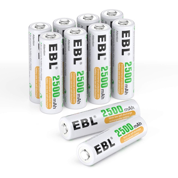 EBL 10 Counts AA Batteries 2500mAh 1.2V High Performance Precharged Ni-MH AA Rechargeable Batteries