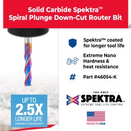 Amana Tool Spektra Extreme Tool Life Solid Carbide CNC Down-Cut Spiral Plunge Router Bit, 46054-K, 1/4 Dia x 1 CH x 1/4 SHK 2-1/2 Inch Long 3 Flute