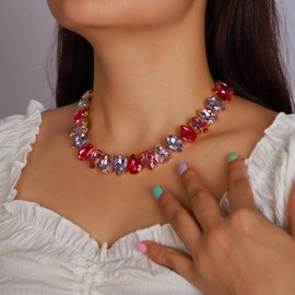 YERTTER Sparkle Colorful Full Rhinestone Choker Oval Crystal Chain Collar Stunning Boho Crystal Statement Clavicle Choker Necklace for Wedding Women (Red)