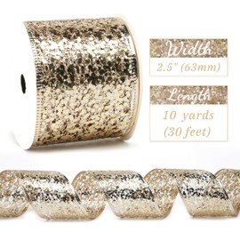 MAYREEL Champagne Mesh Wired Ribbon 2.5 Inch Metallic Sequin Glitter Web Wired Ribbon Champagne Ribbon for Christmas Tree, Gift Wrapping, Crafts, Topper Bows, Wreaths, Holiday Decor, Garland, 10 yards