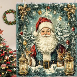 Vintage Christmas Shower Curtain, Cute Santa Claus Snow Forest Xmas Tree Deer Pine Leaves Red Berry Shower Curtain Set for Bathroom, Green Retro Victorian Santa Shower Curtains with Hooks, 72X72IN