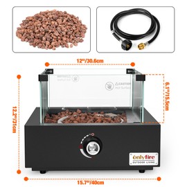 Onlyfire Tabletop Gas Fire Pit with Glass Wind Guard and Lava Rocks, Portable Outdoor Smokeless Fireplace, Side-Mounted Propane Firepit for Patio Backyard Bonfire Party, Black, FP038