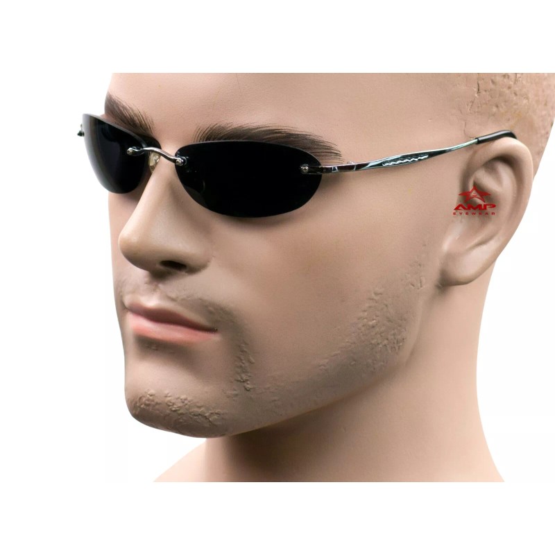 AMP Small Rimless Oval Neo Matrix Style Sunglasses Metal Super