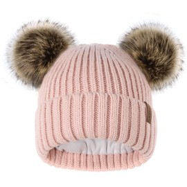 FURTALK Fleece Lined Cute Winter Beanie Hats for Women Girls Warm Knit Hats with Double Faux Fur Pom Poms Pink