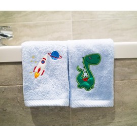 Lex's Linens Pack of 2 Kids Face Cloth (1 x Dinosaur & 1 x Rocket)