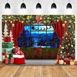 CapiSco Merry Christmas Backdrop for Red Christmas Party Decorations, Red Curtains Windowsill Photo Backdrop Christmas Tree Decoration Xmas Photography Background for Christmas Party Banner 7x5ft
