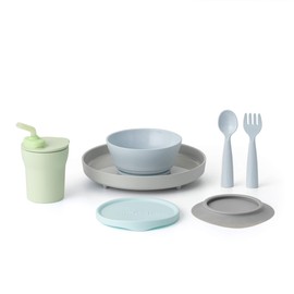 Miniware Little Foodie Set with Cereal Bowl, Sandwich Plate, My First Cutlery Set, 1-2-3 Sip Cup, and Detachable Suction Foot for Baby Toddler Kids (Little Hipster)