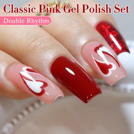 Double Rhythm Gel Nail Polish Set of 6 Colors Baby Light Pastel Milky Nail Polish Starter Kit Art DIY Salon Home (Red Glitter Dark Neon Red Maroon Burgundy,Kit 15)