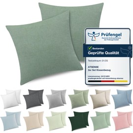 ATsense Set of 2 Cushion Covers Measuring 45 x 45 cm, 100% Washed Cotton, with Zip, Super Soft Premium and Cosy Cushion Covers, Plain Green