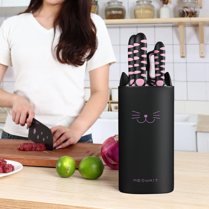 MEOWKIT Cute Kitchen Knife Set,5 pieces Non-Stick Knives with Detachable