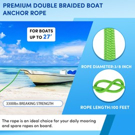 VEITHTI Grass Green Boat Anchor Rope 100 ft x 3/8 inch, Double Braided Anchor Line Boat Rope Marine Rope Braided Anchor Rope,Boat Anchor Rope with Thimble & Shackle, Boat Accessories