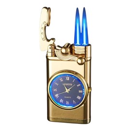 Windproof Vintage Cigar Lighter with Watch, Dual Blue Jet Torch Flame, Creative Clock Dial Rocker Arm,Windproof Portable Candle (Black)