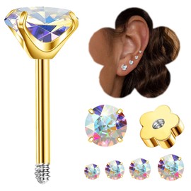 Flat Back Stud Earrings Diamond, WGXIA Flower Screw Back Stud Earrings for Women Cubic Zirconia Hypoallergenic Studs Cartilage Earring Men Jewelry Gifts for Girls Birthday Anniversary (5MM, Gold)