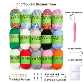 15 Pack Crochet Yarn Beginner -Black White Pink Red Green Orange Rainbow Blue- Beginners Crochet Yarn for Crocheting with Easy-to-See Stitches -Crochet Yarn for Beginners Cotton Crochet Kit(3x50g)