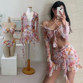 Women's Floral Ruffle Bikini Set with Cover-up - Pink Pink/M