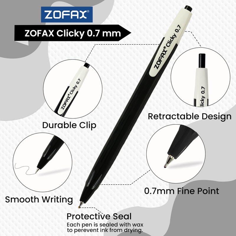 ZOFAX Clicky Retractable Ballpoint Pens, BLACK, Fine Point (0.7mm), Pack