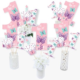 Big Dot of Happiness 1st Birthday Beautiful Butterfly - Floral First Birthday Party Centerpiece Sticks - Table Toppers - Set of 15