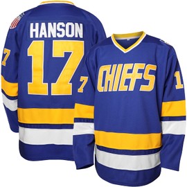 Hanson Brothers Jersey, Charlestown Chiefs 16,17,18 Slap Shot Ice Hockey Movie Jersey (17 Blue, Large)