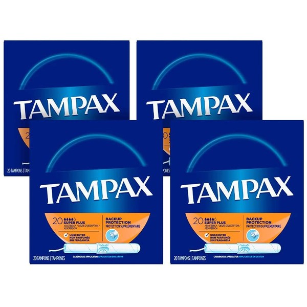 Tampax Cardboard Applicator Tampons, Super Plus Absorbency, 20 Count - Pack of 4 (80 Total Count)
