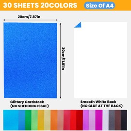 JOISHOP 30pcs Glitter Card Stock, 20 Colors A4 Glitter Paper Sparkle Shiny Cards 250gsm for DIY Crafts Cricut Scrapbook Birthday Party Decorations