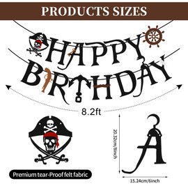 Black Felt Pirate Party Banner Happy Birthday Bunting Supplies Skull Pirate Party Decorations for Adults Kids (5th-50th)