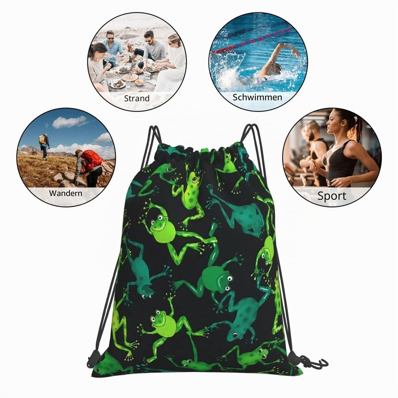 Richugui Backpack with Drawstring, Green, Black, Frogs, Drawstring Bag, Sports,