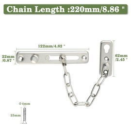 8.6" Door Chain Lock Door Latch Guard Stainless Steel Safety Chain Door Bolt with Spring Anti-Theft Press Lock for Interior Front Door Toilet Door Barn Door Fence Door Garage Door (Brushed)