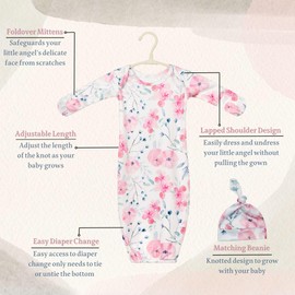 Giggle Angel Newborn Baby Sleeper Gown with Hat Knotted Gown Nightgown Coming Home Outfits for Baby Girl 2 Pieces Set (Light Pink, 0-3 month)
