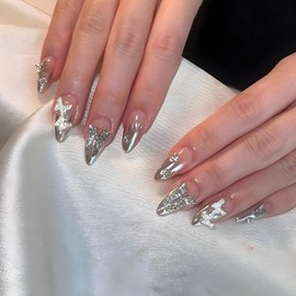 Medium Press on Nails Almond Fake Nails with Bow Butterfly Charms Silver Gradient Nails Press ons Glossy Glue on Nails Stick on Nails for Women 24Pcs