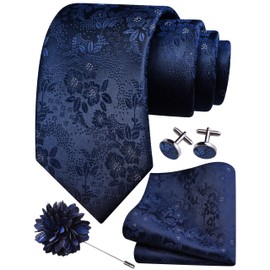 Gusleson Navy Blue Tie for Men Floral Fashion Wedding Necktie Pocket Square Cufflinks and Lapel Pin Brooch Set (UK6107-03)