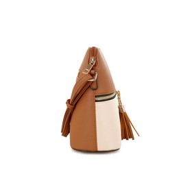 SG SUGU Lunar Lightweight Medium Dome Crossbody Bag Shoulder Bag with Double Tassels | Zipper Pocket | Adjustable Strap|Cognac/Ivory