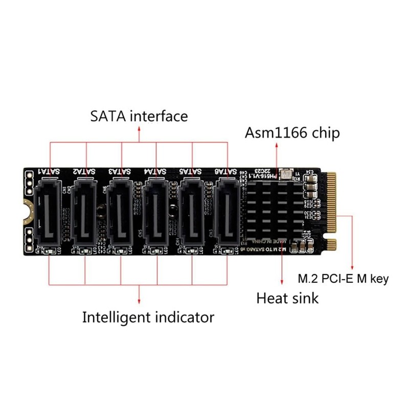 Oidnvay M.2MKEY PCI-E Riser Card M.2NVME to SATA3.0PCIE to SATA6Gpbsx6