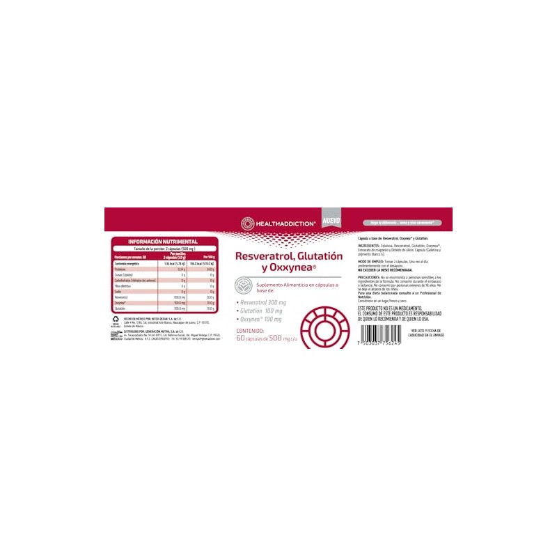 Healthaddiction Resveratrol Glutatión Oxxynea 500 Suplemento Antioxidante Polifenoles Bienestar Cápsulas