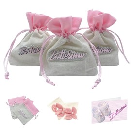 Doni Bomboniere Set of 12 Pink Cotton Jute Bags with Wooden Baptism Lettering 12 Pink Candy Bags 12 Cards to Personalise Party Gadgets