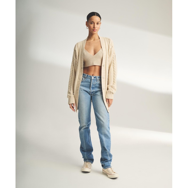 NAADAM Women Cafe Cotton Cashmere Cable Knit Cardigan, Ecru,Medium