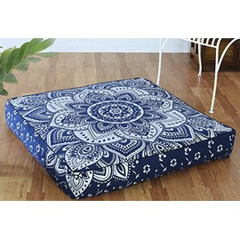 Popular Handicrafts Indian Hippie Mandala Floor Pillow Cover Square Ottoman Pouf Cover Daybed Oversized Cotton Cushion Cover with Heavy Duty Zipper Seating Ottoman Pouf Dog-Pets Bed 35"