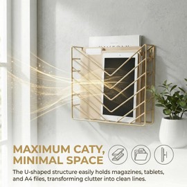 ZAYHENYOO Modern Wall Mounted Magzine Rack,Gold Wall Mount File Organizer, Geometric Wall Metal Magazine Holder, Document Holder for Wall in Office and Home