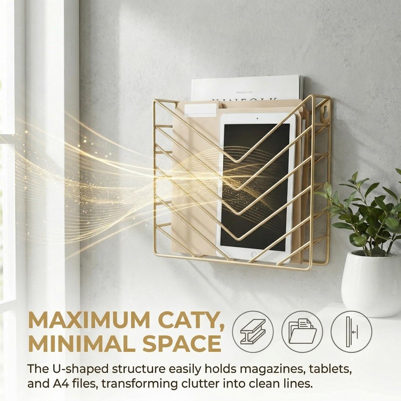 ZAYHENYOO Modern Wall Mounted Magzine Rack,Gold Wall Mount File Organizer,