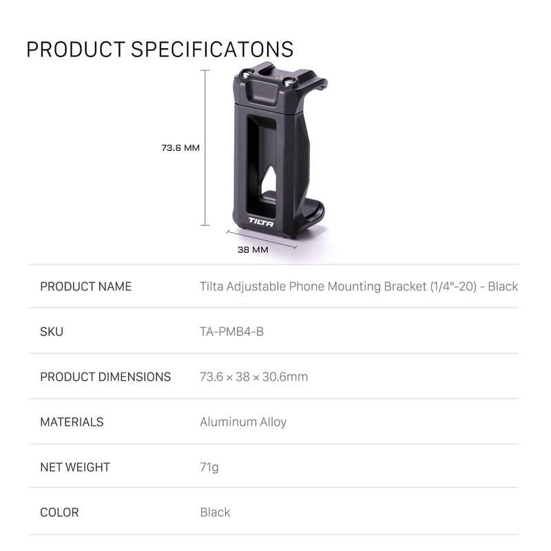 TILTA TA-PMB4-B Adjustable Telephone Holder with 1/4-20 Thread and Cold