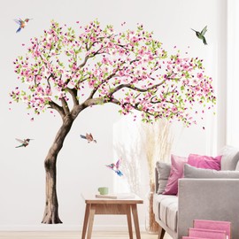 Large Blooming Cherry Tree Wall Decals Pink Peach Blossom Tree Hummingbirds Wall Stickers Peel and Stick Spring Wall Art Decor for Girls Bedroom Living Room Kitchen Sofa TV Backdrop Wall Decoration