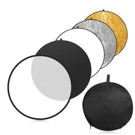 5 in 1 Reflectors with Carry Bag, 60 cm / 23.6 Inch Round Foldable Reflector, Translucent, Silver, Gold, White and Black, 5 in 1 Reflectors for Photo Studio Lighting and Outdoor Lighting