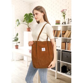 Women's Handbag Corduroy Shopper Cord Tote Bag for Books Travel Everyday School Work Shopping Bag for Girls, brown