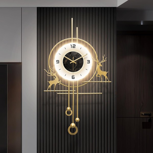 HEBOIX Modern Deer Wall Clock for Living Room,Large Gold Decorative
