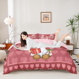 Cartoon Gnomes Kids Duvet Cover Set Queen Size,Roses Love Hearts Romantic Bedding Set,Girls Boys Adults Xmas Decor,Valentine's Day Gifts Dreamy Comforter Cover,Pink Cute Quilt Cover,2 Pillowcases