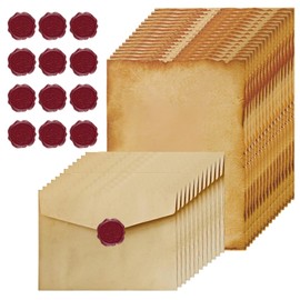 Set of 40 Vintage Paper Envelopes, Letter Paper Set, Vintage Letter Paper with Envelope Set with 12 Kraft Paper Envelopes, 16 Writing Paper and 12 Wax Seal Stickers, for Wedding, Birthday