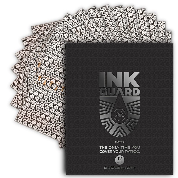 Ink Guard Matte Tattoo Aftercare Bandage Sheets [12 Pack | 6" x 8"] Transparent Waterproof Cover Up Tape Roll Adhesive Bandage Tattoo Aftercare Protect and Heal Tattoos or Minor Skin Wounds