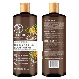 Dr. Jacobs Naturals Pure Castile Soap Liquid Body Wash, Shea Butter - Plant Based Soap Infused with Vitamin E and Aloe Vera to Moisturize Dry and Sens